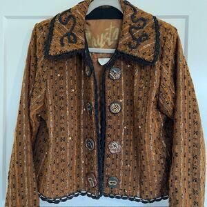 VTG Crystal Handwoven Embroidered Jacket Womens M Orange Bohemian Art to Wear